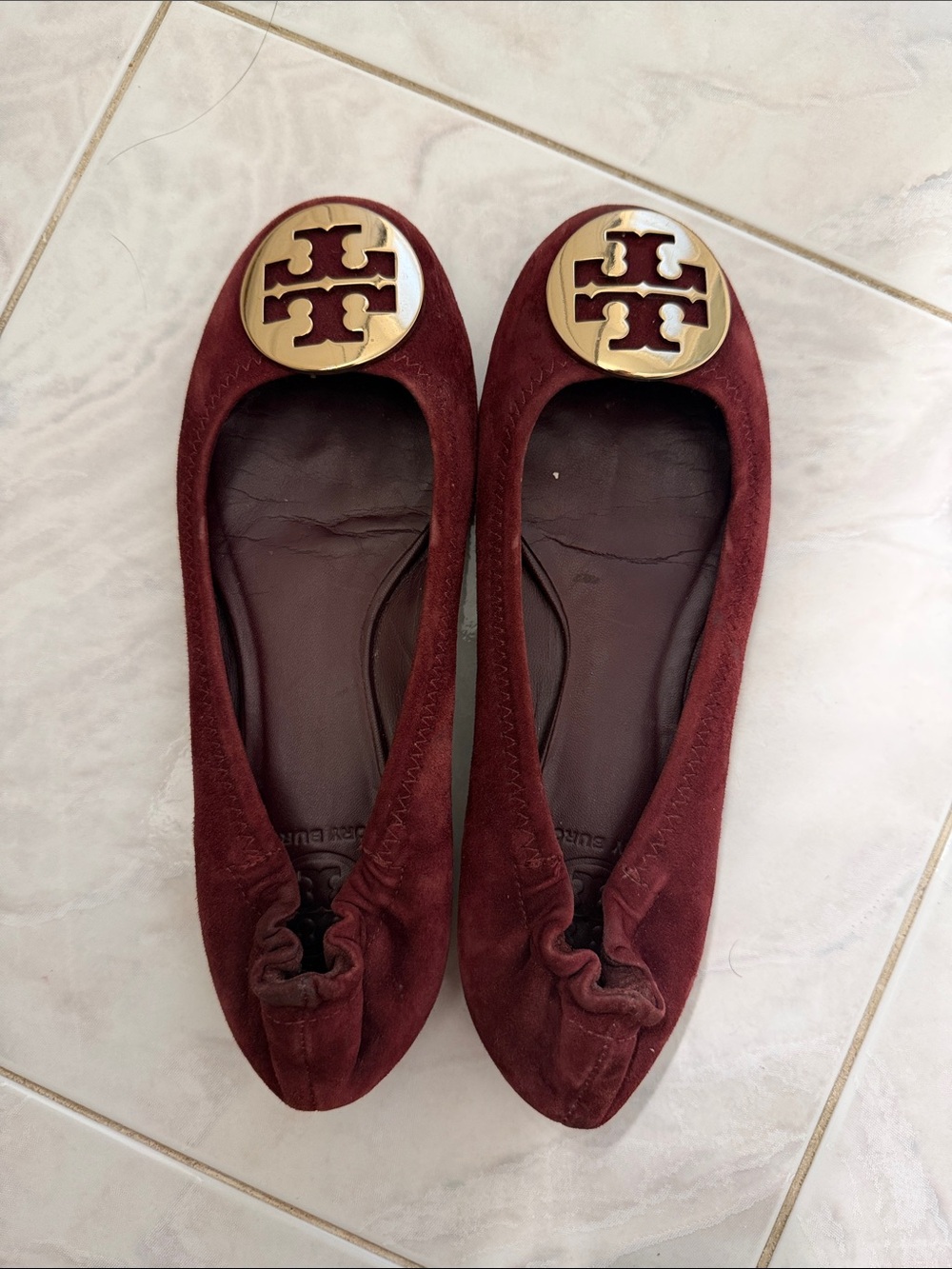 Tory Burch Burgundy Suede Logo Round-Toe Ballet Flats